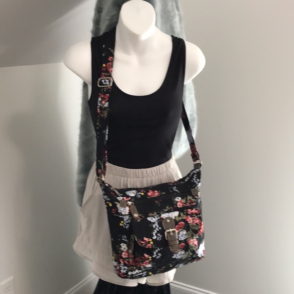 Canvas Black and Floral Adjustable Strap Purse - Picture 2 of 15